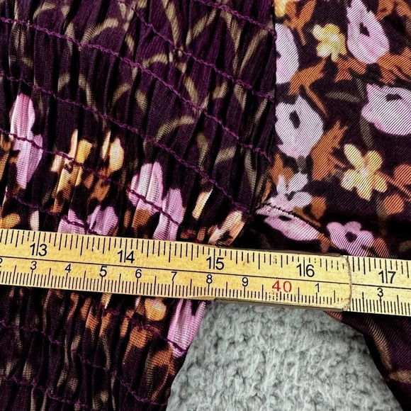 Vintage 70s Dress Size Small Floral Smocked Maxi Burgundy Boho Hippie - Picture 7 of 16